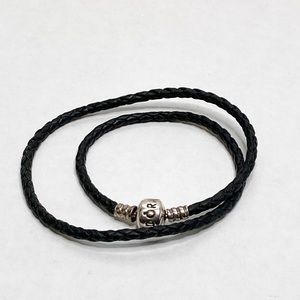 PANDORA Black Leather Cord Braided 14in Strand Bracelet Signed AUTHENTIC Silver
